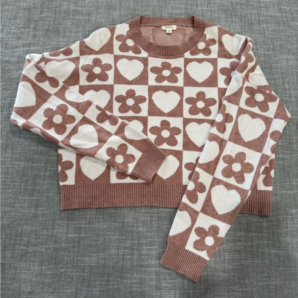 Debut Floral Heart Checkered Sweater - Pink and White